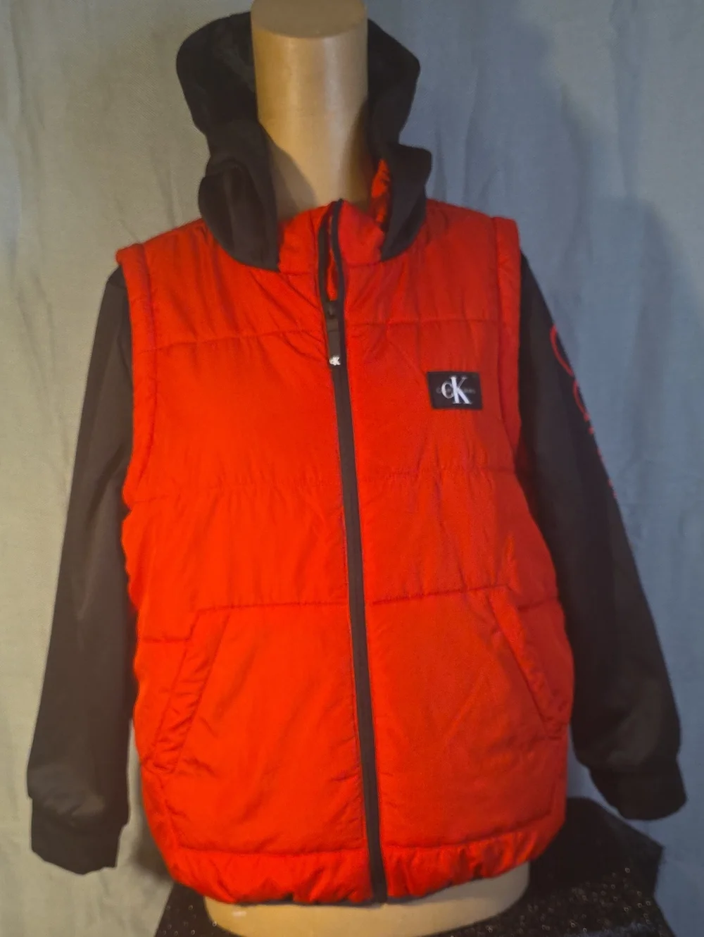 Calvin Klein Red Quilted Puffer Vest with Black Sleeves and Hood